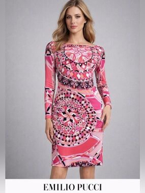 Emilio Pucci Dress Pink Geometric Print Long Sleeve IT 38 US 4 Designer Italy